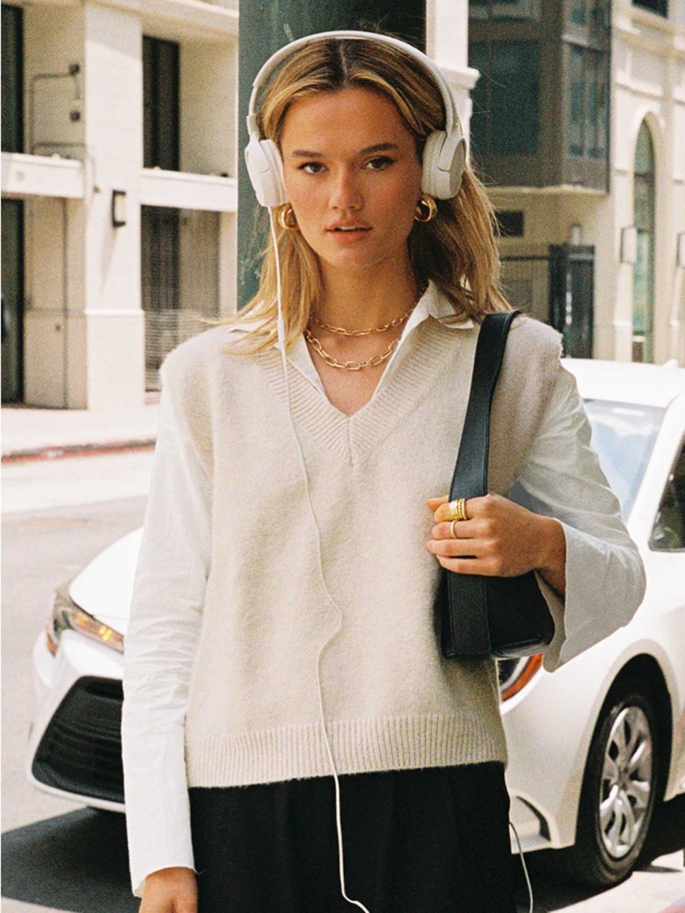 V-Neck Sleeveless Knit Sweater Vest in Cream